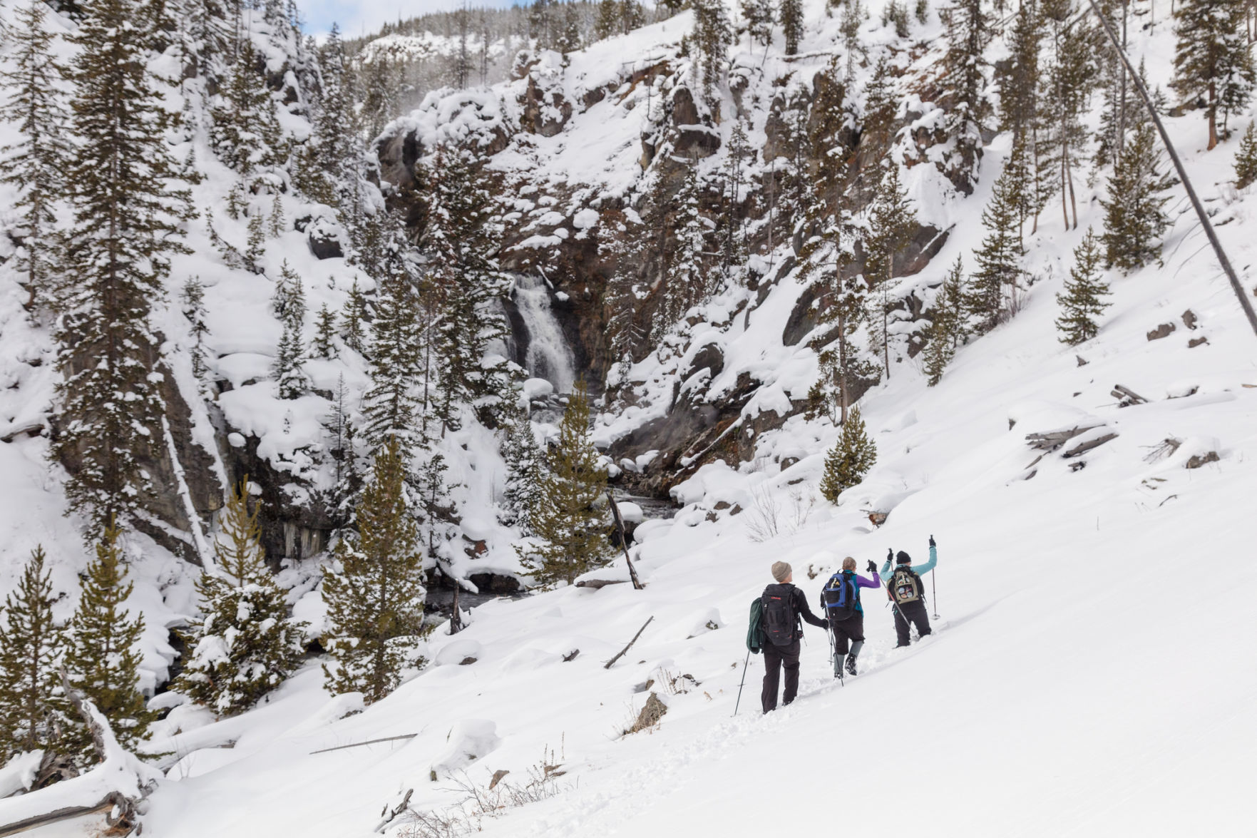 Cross-country skiers at Mystic Falls